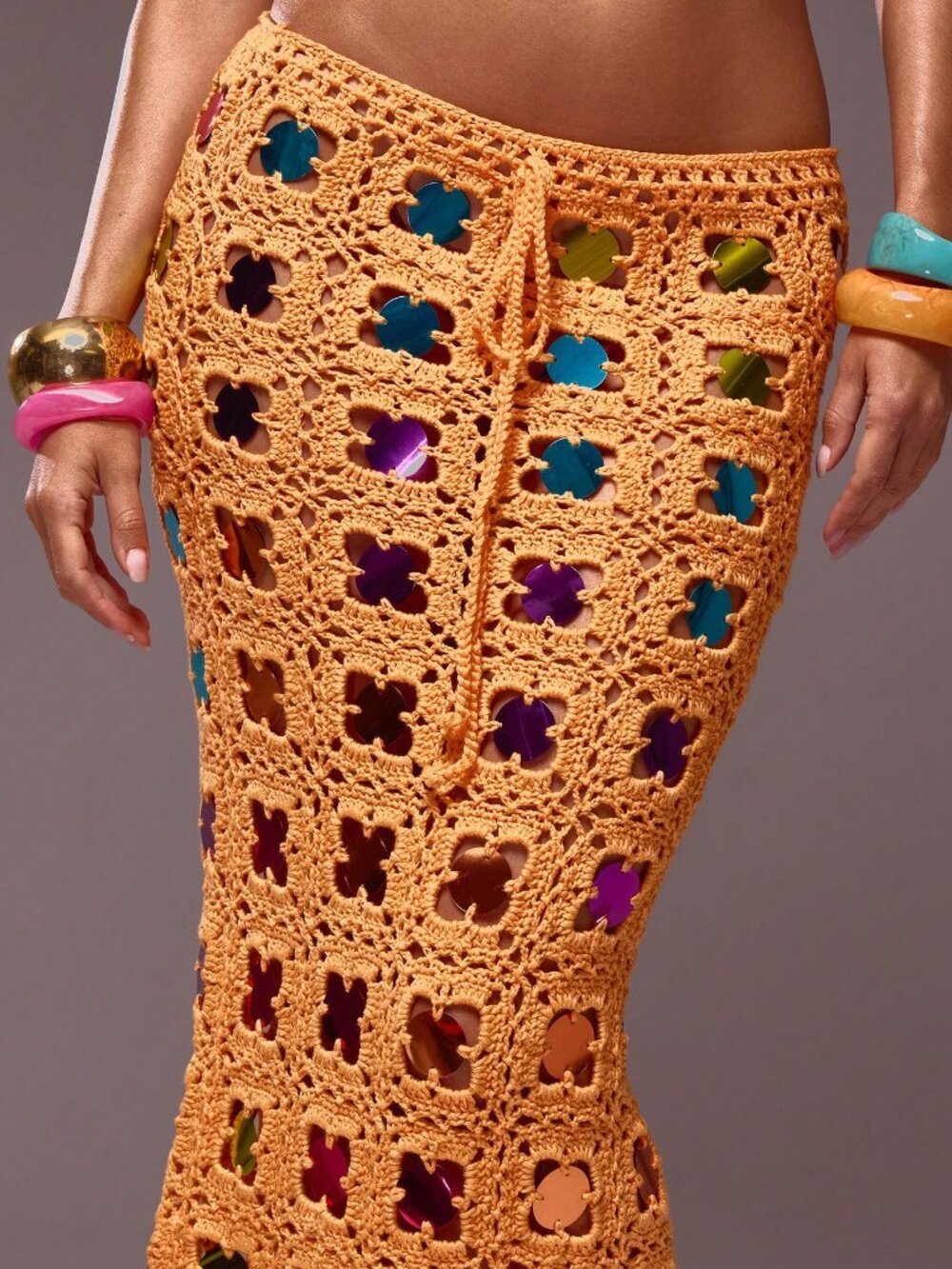 Multicolor Elegant Women's Crochet Knit Sequin Maxi Skirt - Picture 4 of 5